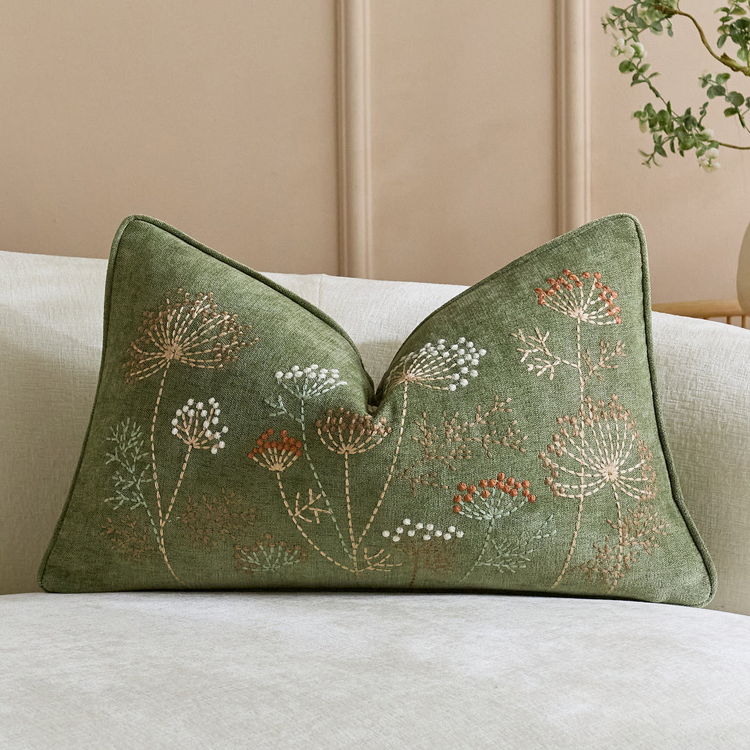 Embroidered Linen Throw Pillow Cover with Floral Motif
