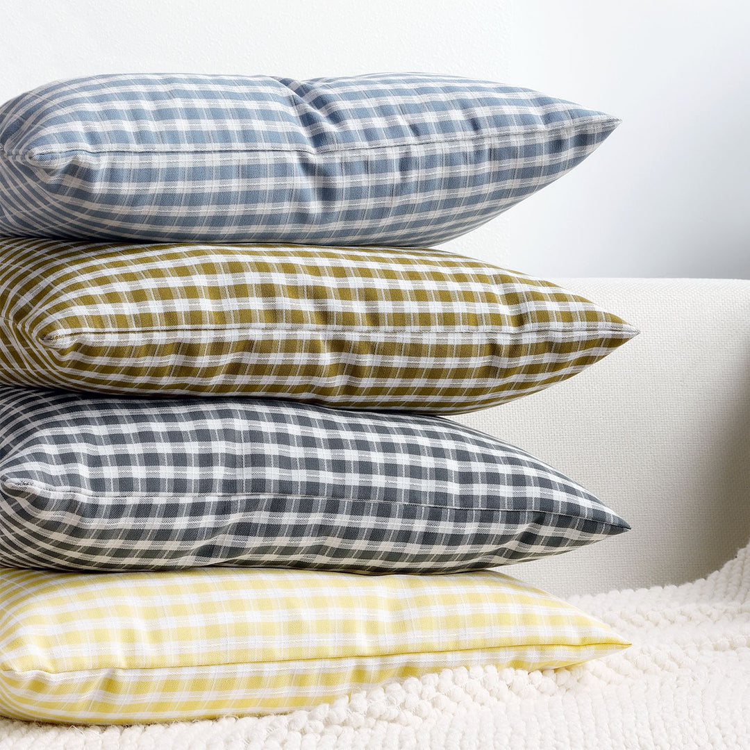 Gingham Check Cotton-Linen Square Throw Pillow Cover with Hidden Zipper