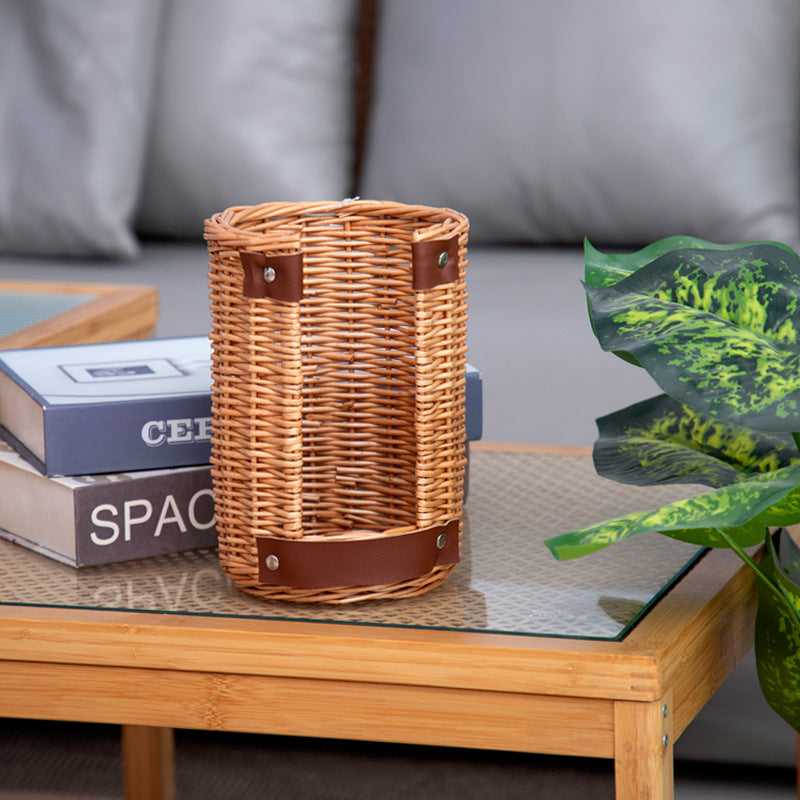 Handcrafted storage basket with leather handles
