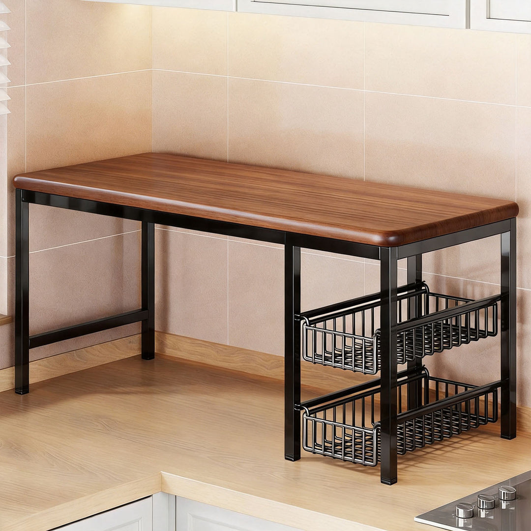 Microwave Countertop Organizer Shelf with Wooden Top and Pull-Out Wire Basket Drawers