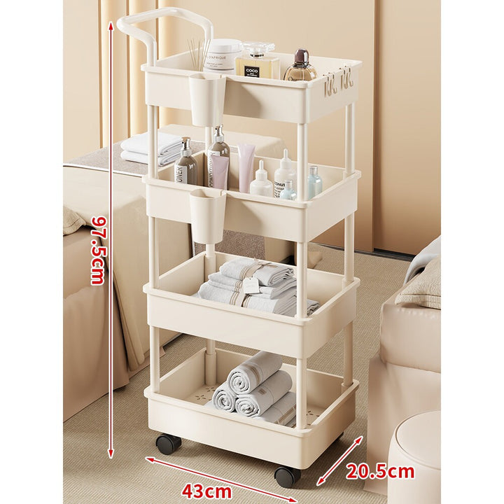 Compact Two-Tier Rolling Storage Cart with Integrated Handle and Accessory Hooks