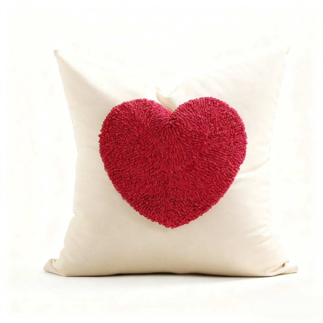 Tufted Hooked Heart and Daisy Accent Throw Pillow Cover with Tassel Corners