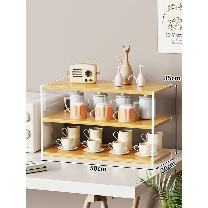 Multi-Level Bamboo-Style Countertop Kitchen Mug and Canister Organizer Shelf with Open Wood Shelves and Slim Metal Frame