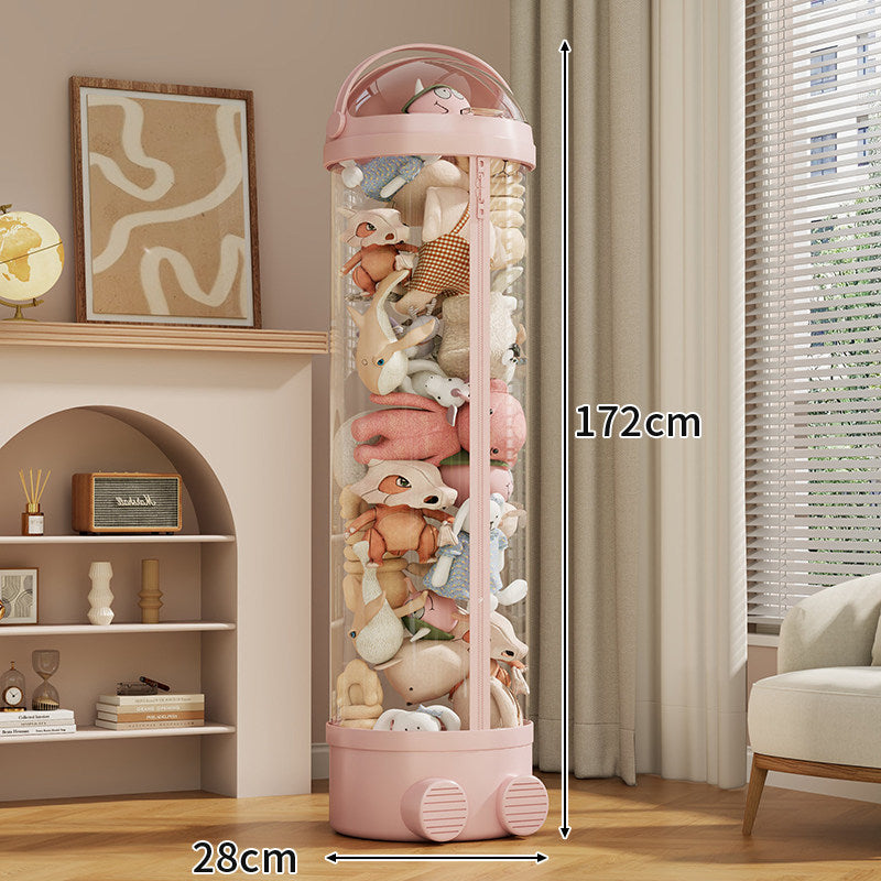 Tall Cylindrical Toy and Plush Storage Organizer with Clear Zip Cover and Rolling Vent Base