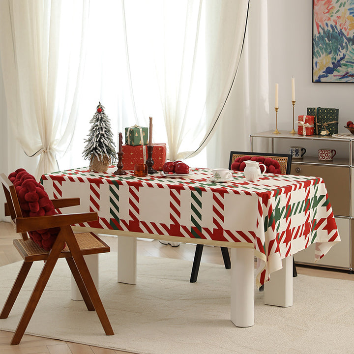 Rectangle wipeable tablecloth with diagonal checkered design and tassels