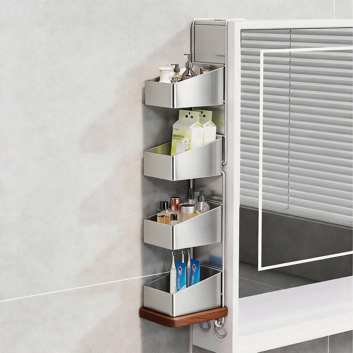 Wall-Mounted Dual-Tier Grid Mesh Bathroom Shower Caddy with Drainable Baskets