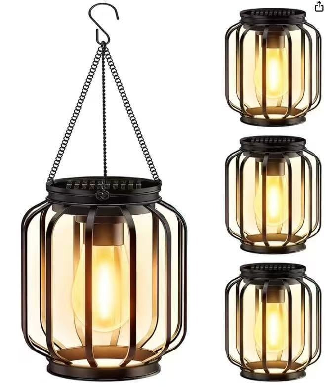 Weatherproof hanging solar LED lanterns for outdoor use with metal cage, warm glass, and hanging chain