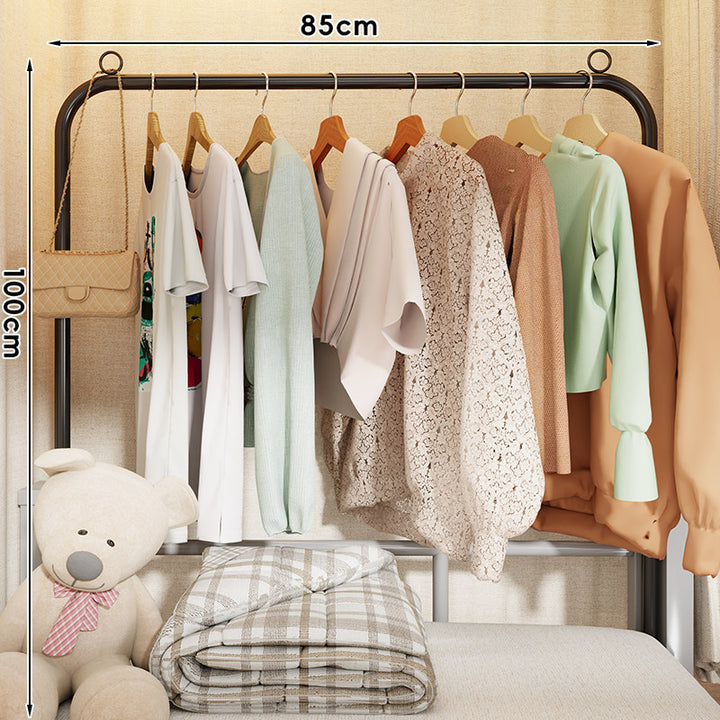 Compact Single-Rod Freestanding Clothing Rack with Lower Shelf and Decorative Top Rings