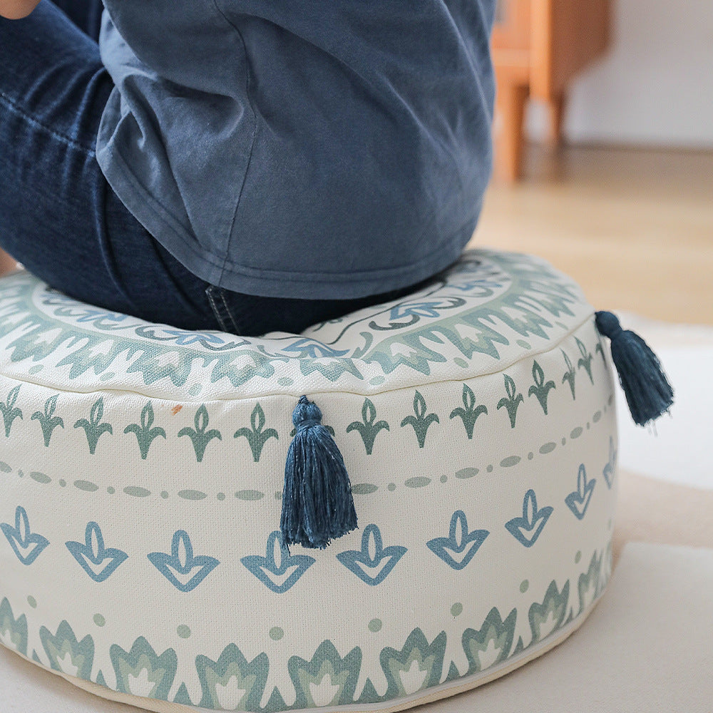 Beef padded seat pouf with ethnic jacquard pattern and sturdy canvas cover