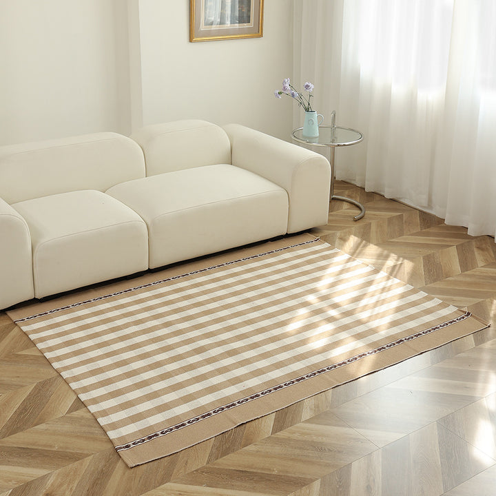 Flat-woven striped living room rug with low pile and non-slip backing