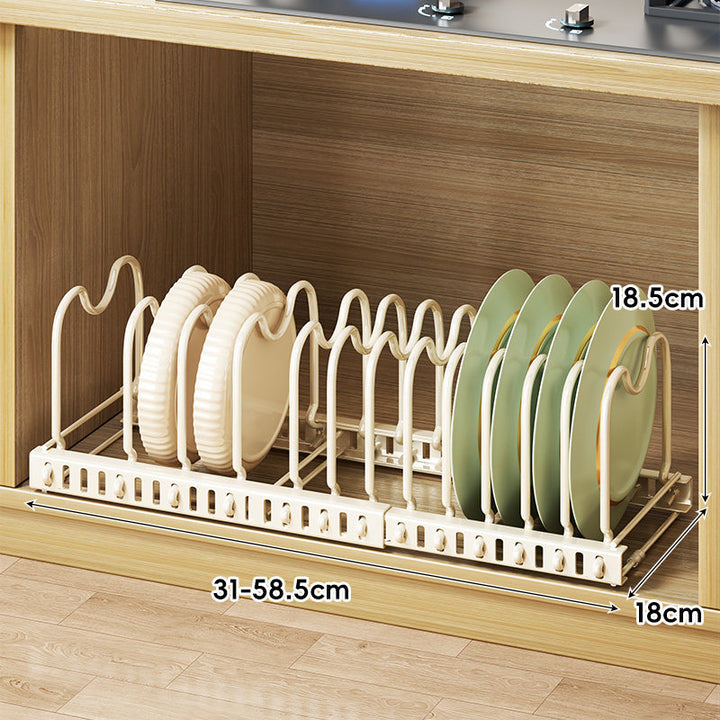 Expandable Under-Cabinet Sliding Plate and Lid Organizer Rack
