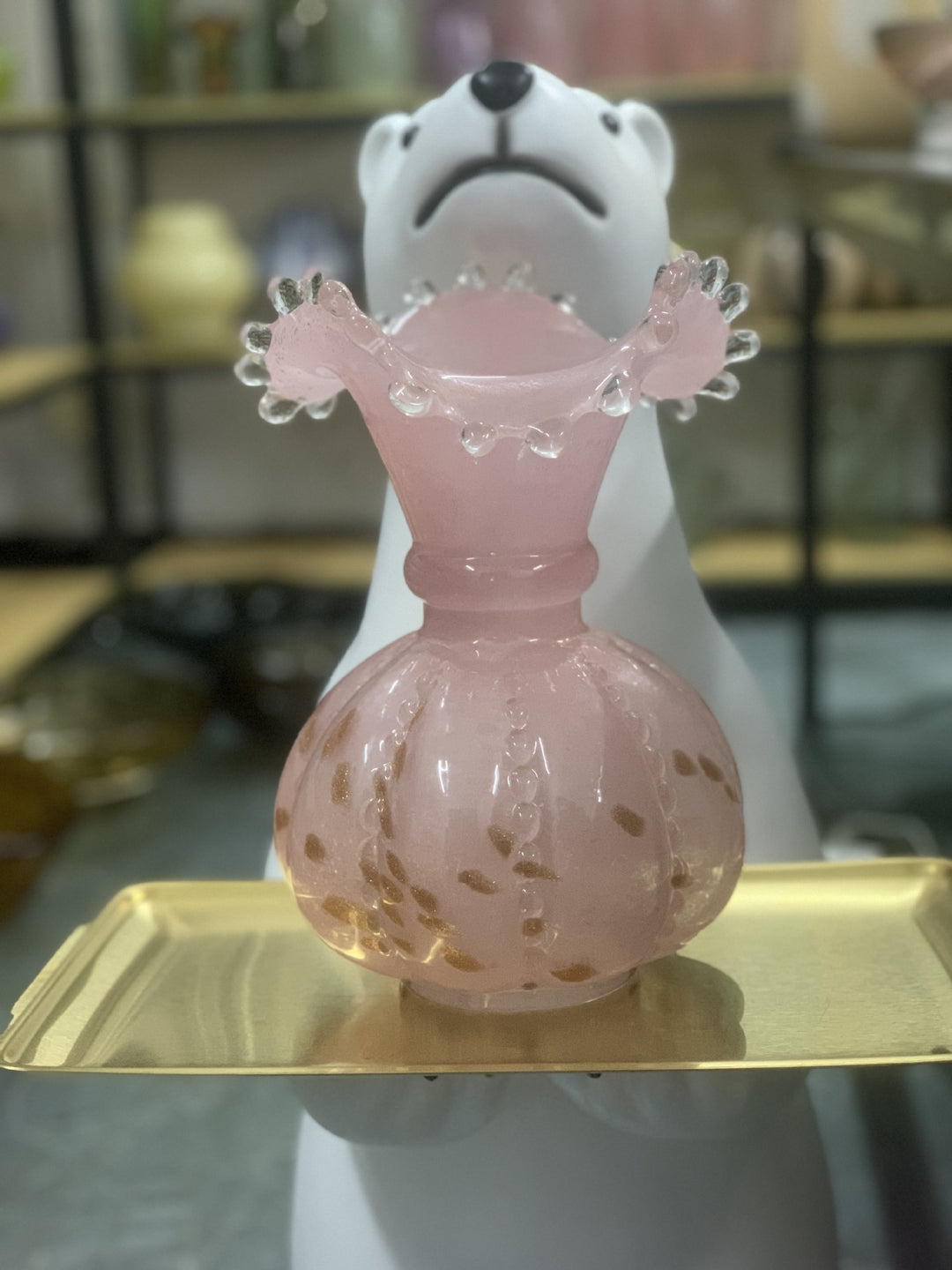 Artisanal Bulbous Milk-Glass Bud Vase with Frilled Neck & Speckled Inclusions