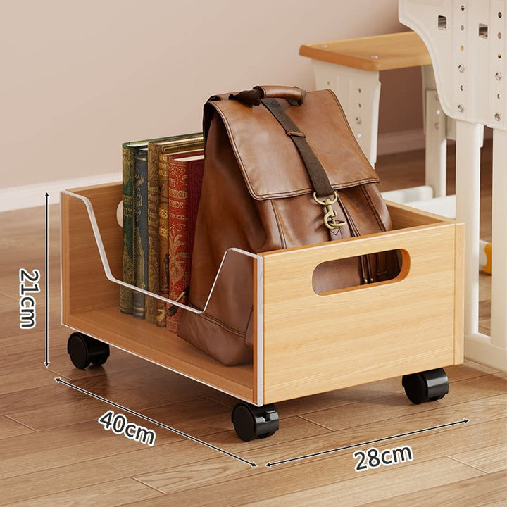 Portable Wooden Floor Storage Bin with Cutout Handles and Open-Front Book & Backpack Organizer