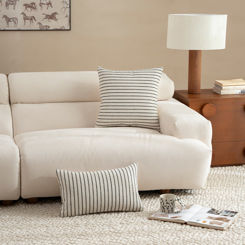 Square striped decorative pillow made of woven cotton blend with fine texture
