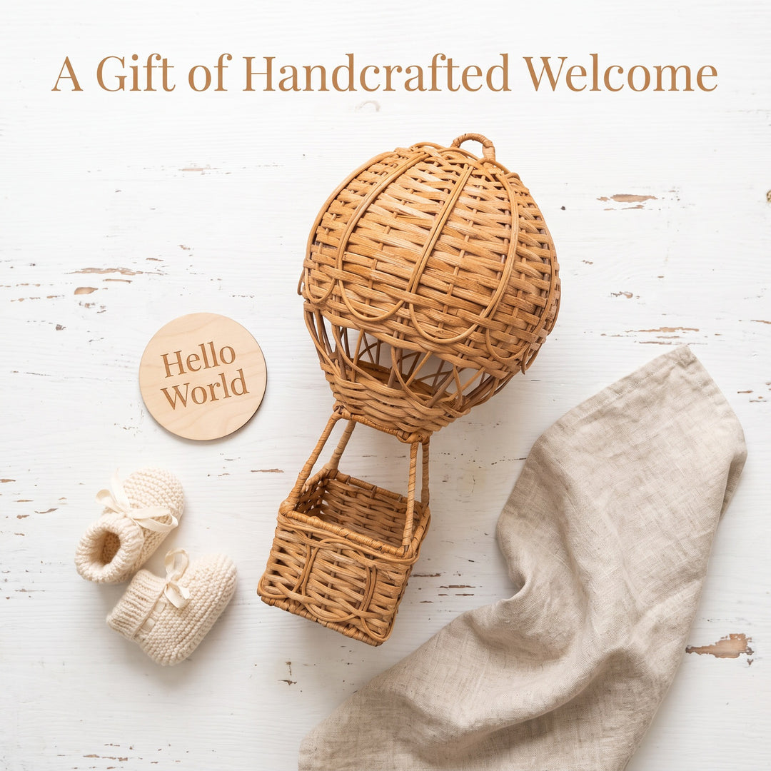 Handwoven storage basket in hot air balloon design