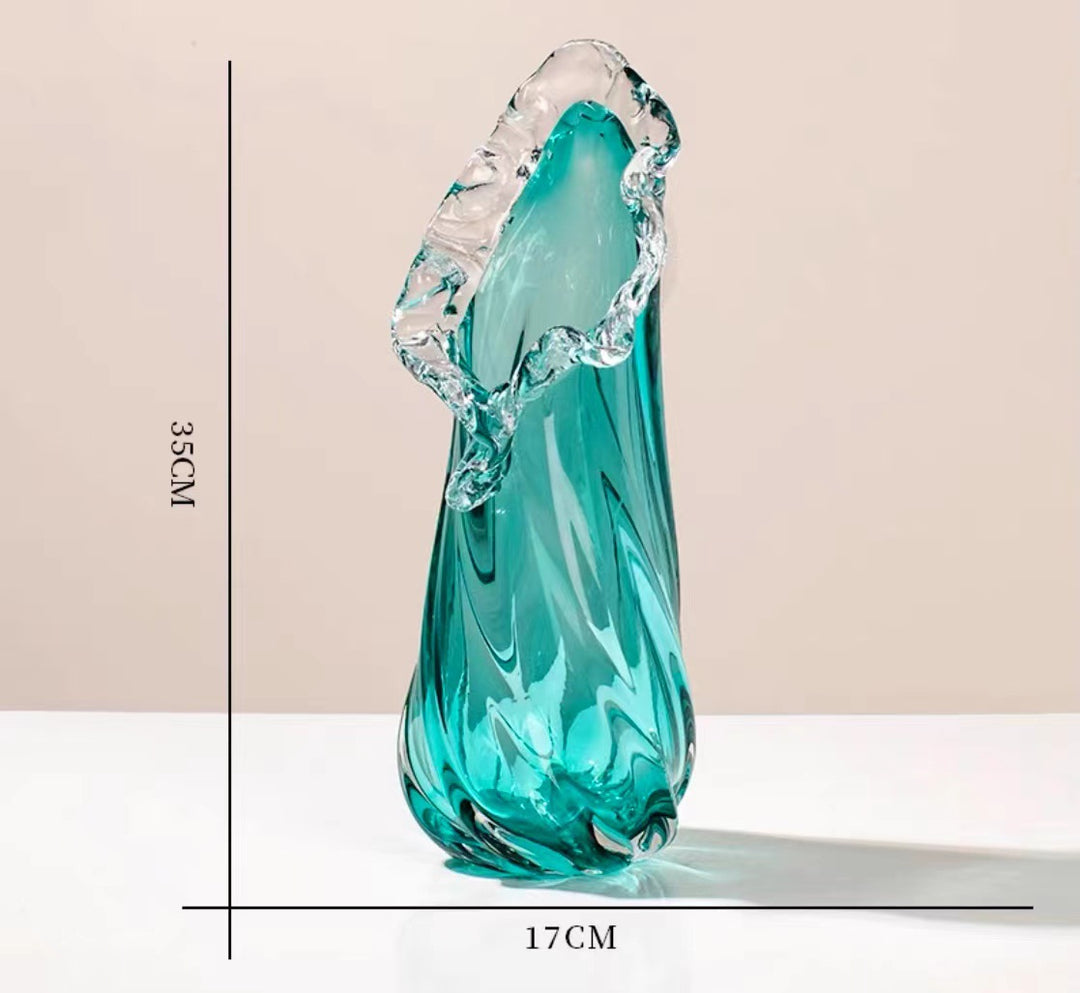 Hand-Blown Ruffled-Rim Swirled Glass Bulbous Tall Centerpiece Vase