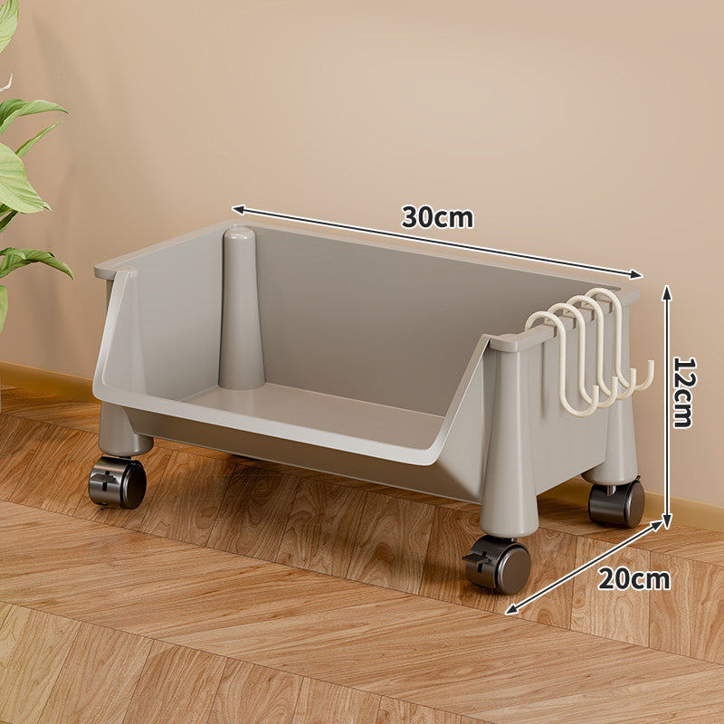 Slim Vertical Four-Bin Rolling Storage Tower with Deep Angled Bins and Side Hook