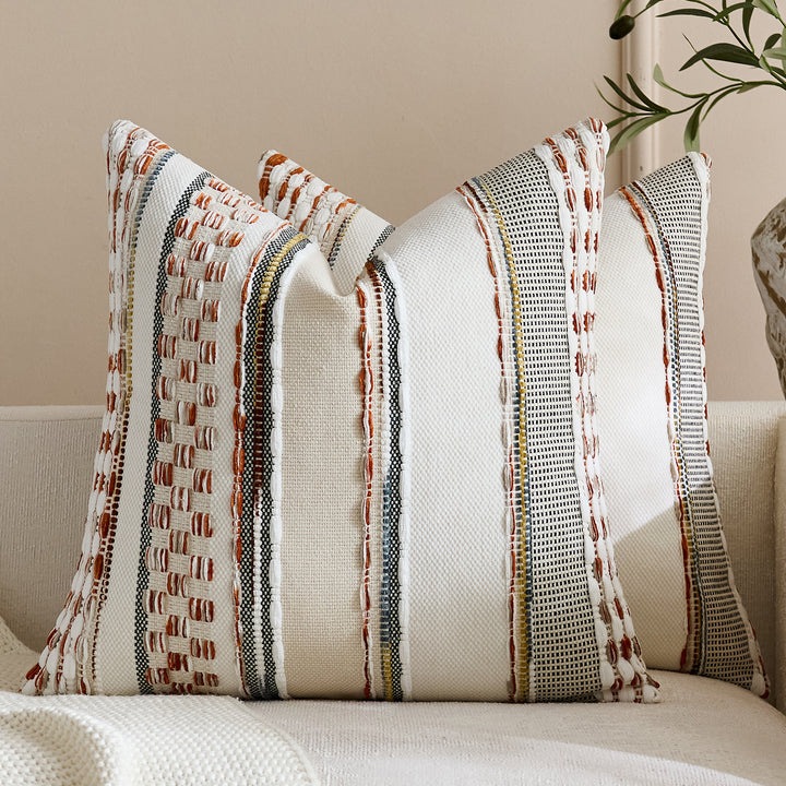 Handwoven Textured Square Throw Pillow Cover with Tufted Loop Stripes