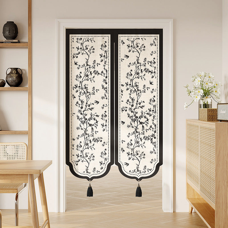 Decorative Split Noren Door Curtain Panel with Floral Jacquard and Tassel Weights