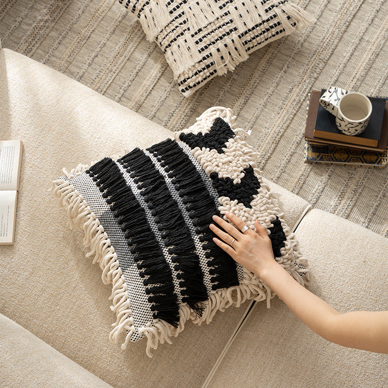 Boho cushion cover with macrame, tassels and relief texture