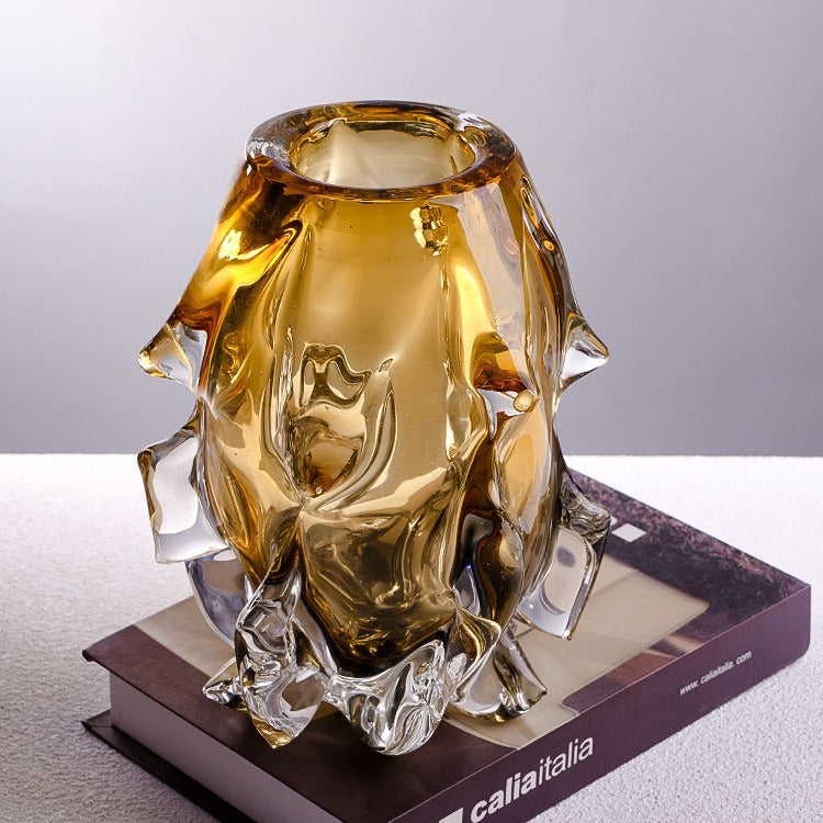 Sculptural Hand-Blown Organic Textured Art Glass Vase with Melted-Edge Pedestal