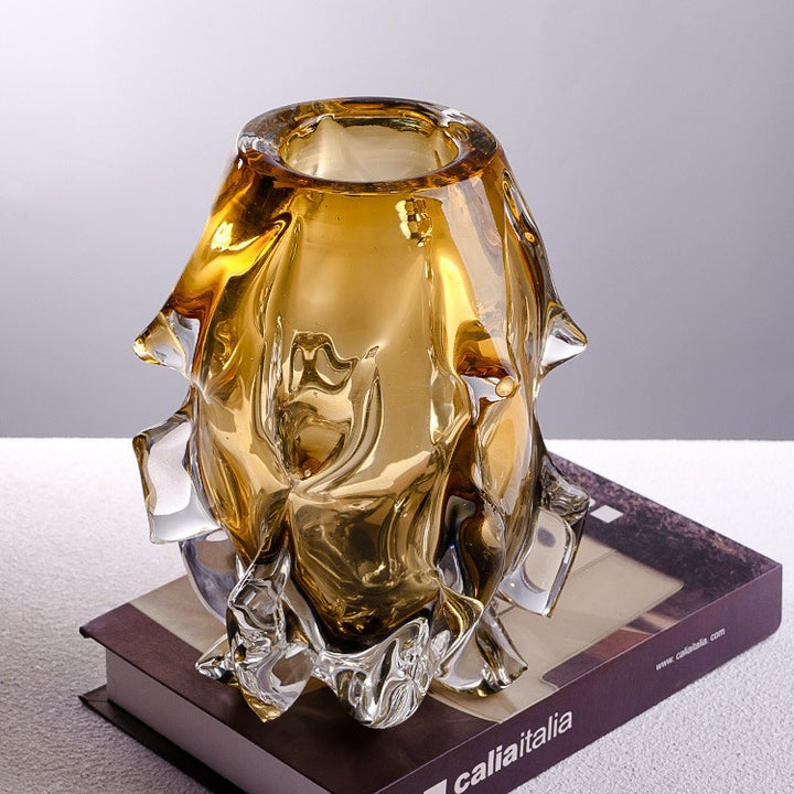 Sculptural Hand-Blown Organic Textured Art Glass Vase with Melted-Edge Pedestal