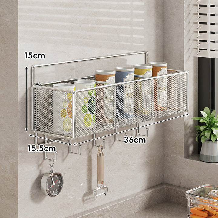 Wall-Mounted Mesh Multi-Purpose Kitchen Shelf with Hooks and Ventilated Basket