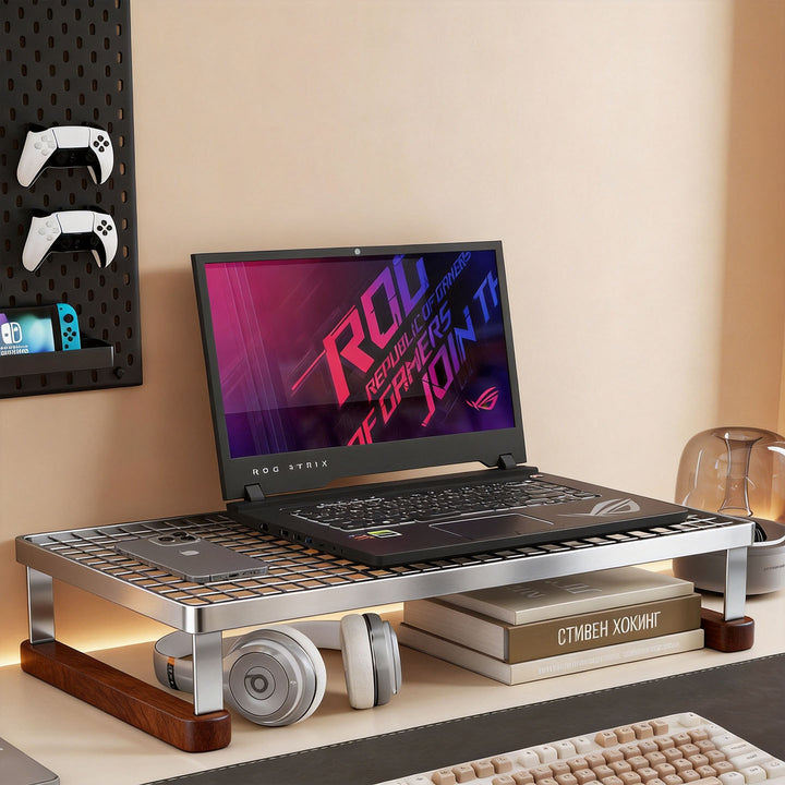 Ventilated Metal Desk Riser Shelf with Open Grid Surface and Under-Storage