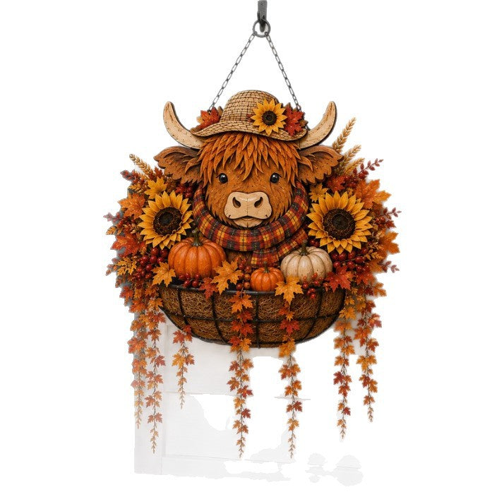 Autumn Hanging Porch Basket Decoration with Highland Cow Face Sunflowers Pumpkins and LED Fairy Lights
