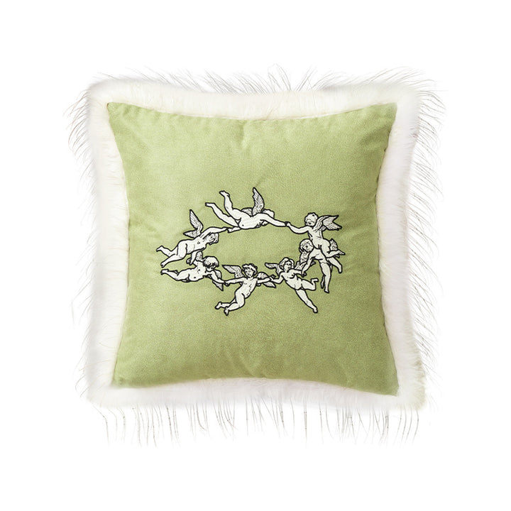Square decorative velvet cushion cover with faux fur trim and cherub embroidery