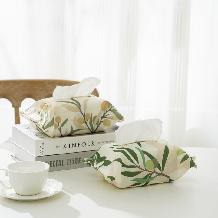 Decorative tissue box cover made of cotton blend fabric with botanical pattern
