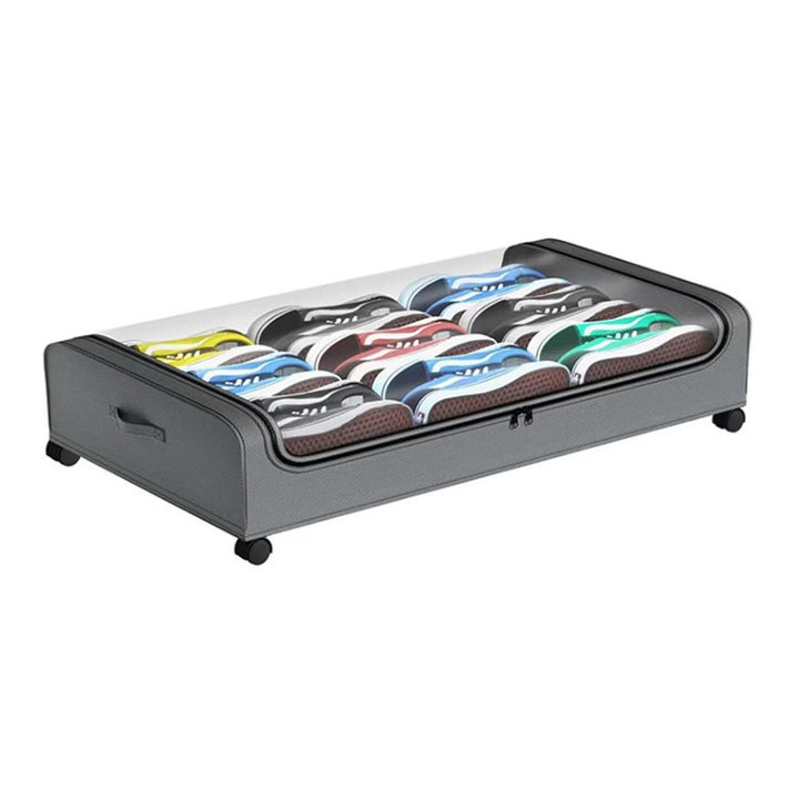 Storage box with wheels and transparent lid