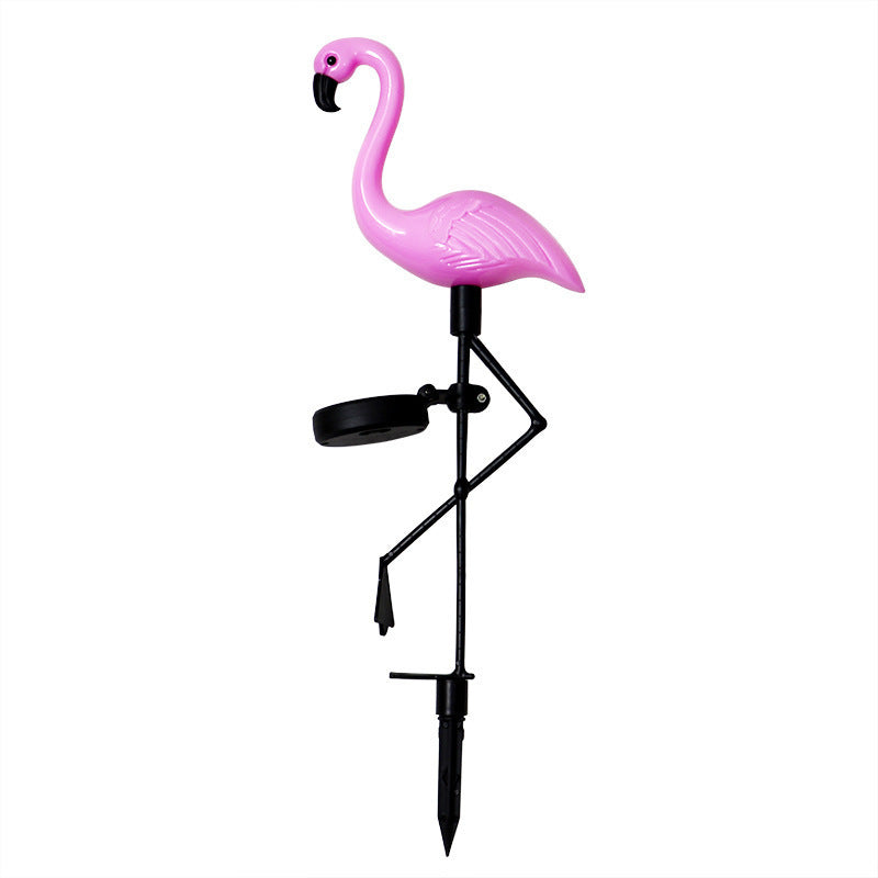 Decorative solar-powered flamingo garden stake with adjustable tray and spike attachment