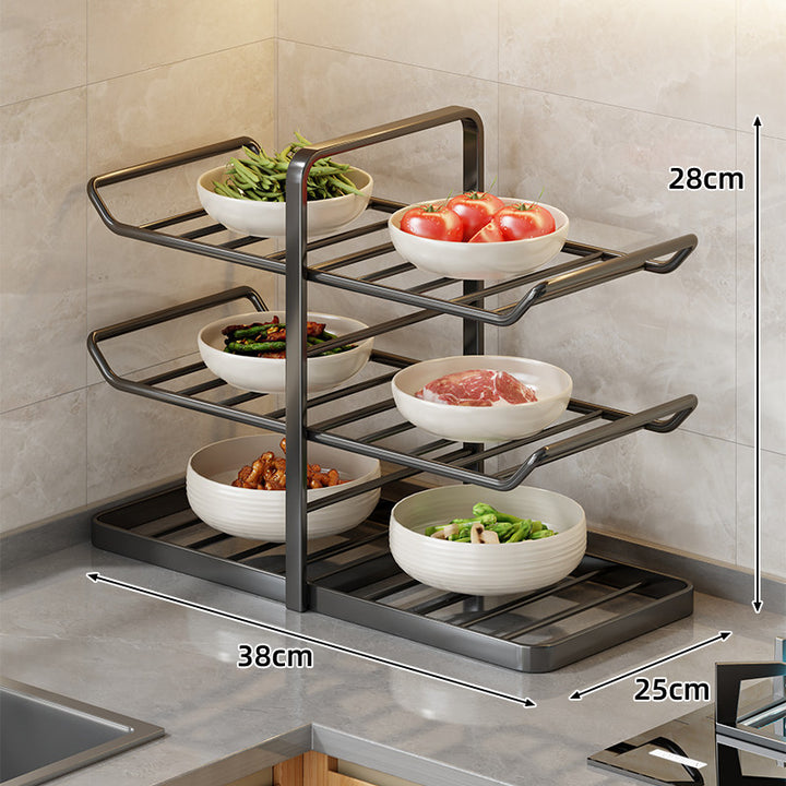 Multi-Tier Vertical Countertop Rack for Bowls with Drip Tray & Slanted Shelf Design