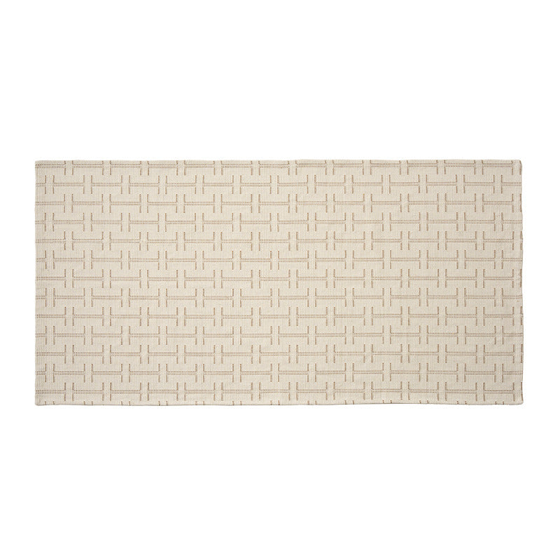 Woven rectangular table runner made of cotton blend with checkered pattern and striped border