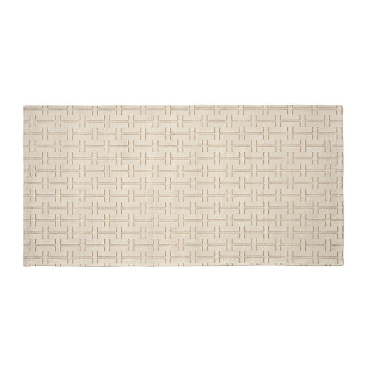 Woven rectangular table runner made of cotton blend with checkered pattern and striped border
