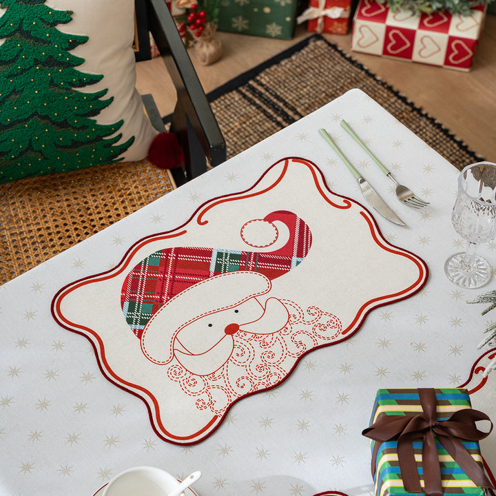 Rectangular Christmas floor rug with embroidered reindeer motif and check pattern