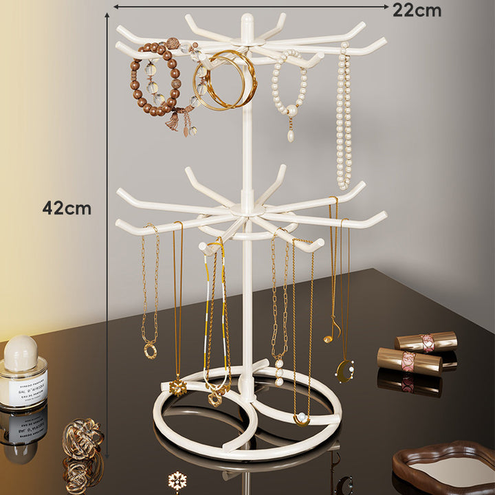 Rotating Tiered Jewelry Organizer Stand with Multi-Arm Hooks and Circular Ring Trays
