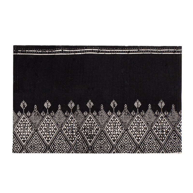 Flat-woven cotton runner with Mediterranean tile jacquard and decorative fringes