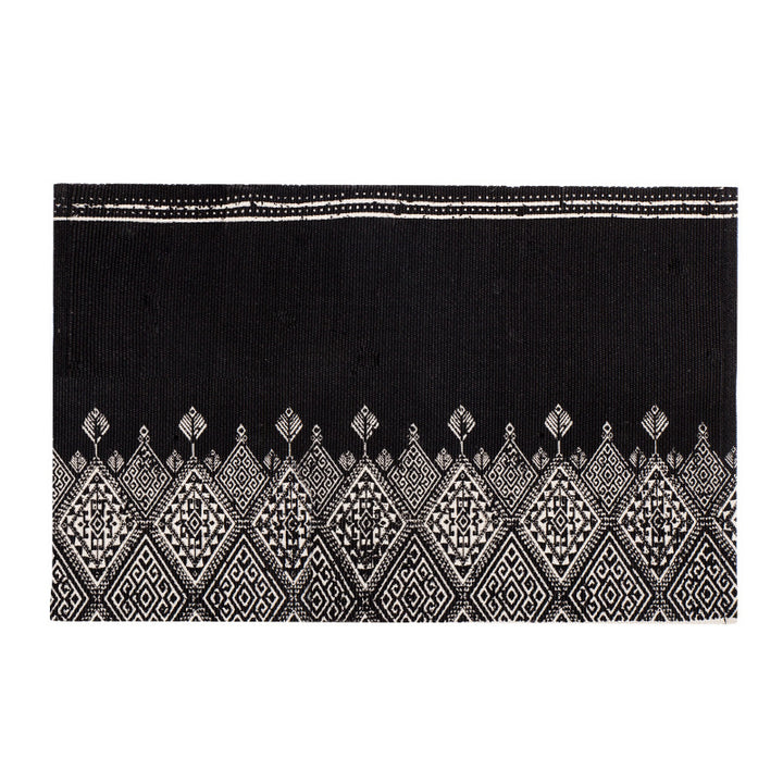 Flat-woven cotton runner with Mediterranean tile jacquard and decorative fringes