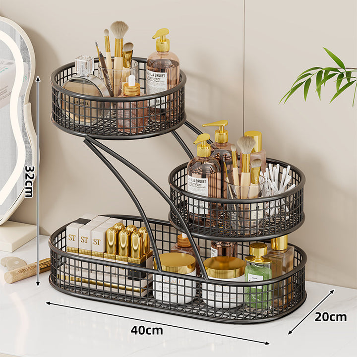 Three-Tier Wire Mesh Vanity and Bathroom Countertop Organizer with Built-In Tissue Dispenser