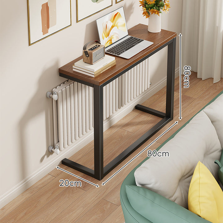 Slim Narrow Console Table with White Metal Frame and Wood-Grain Top