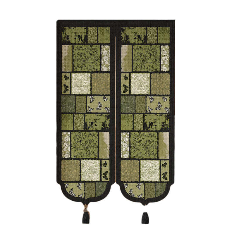 Botanical Patchwork Split-Panel Noren Doorway Curtain with Weighted Tassels