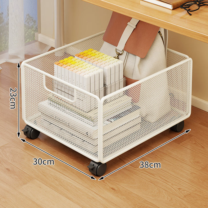 Under-Desk Mesh Rolling Storage Basket with Locking Swivel Casters and Integrated Carry Handle