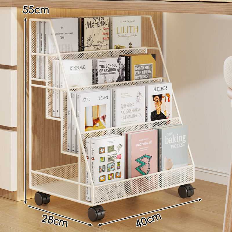 Angled Mesh Rolling Book and Magazine Display Rack with Slanted Shelves and Swivel Casters