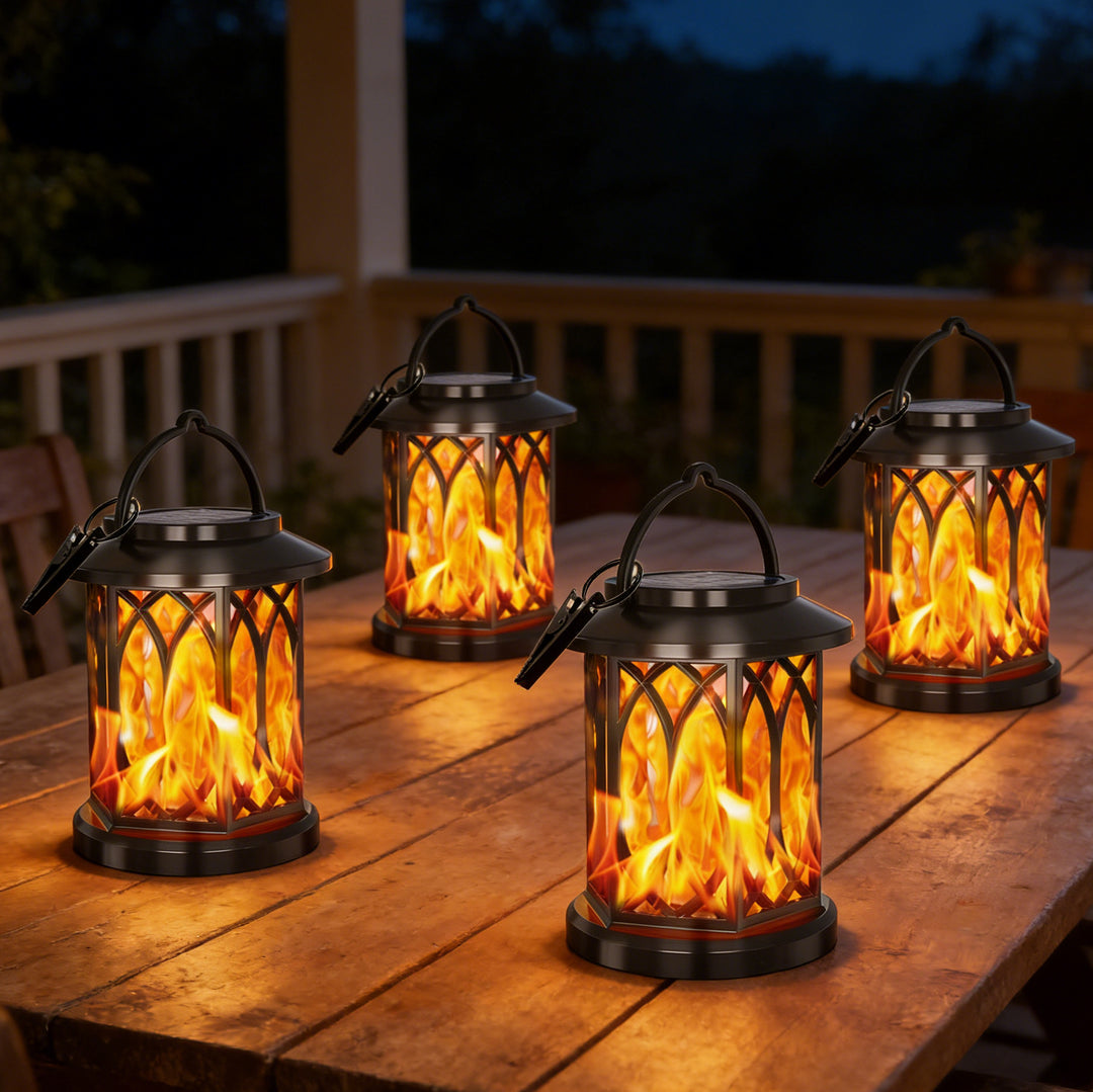 Decorative solar-powered hanging lantern for outdoor use with iron mesh frame
