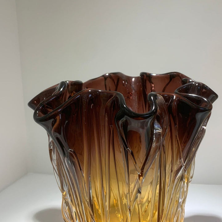 Handcrafted Ruffled-Edge Amber-to-Smoke Art Glass Decorative Vase Collection