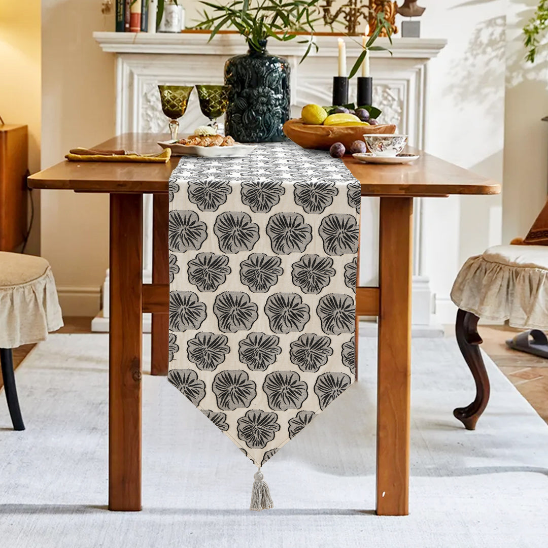 Woven double-sided linen table runner with tassels and hand-drawn swallow print