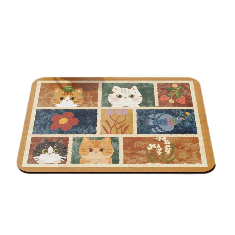 Absorbent Rectangular Kitchen Counter Placemat with Patchwork Cat & Floral Illustration and Non-Slip Backing