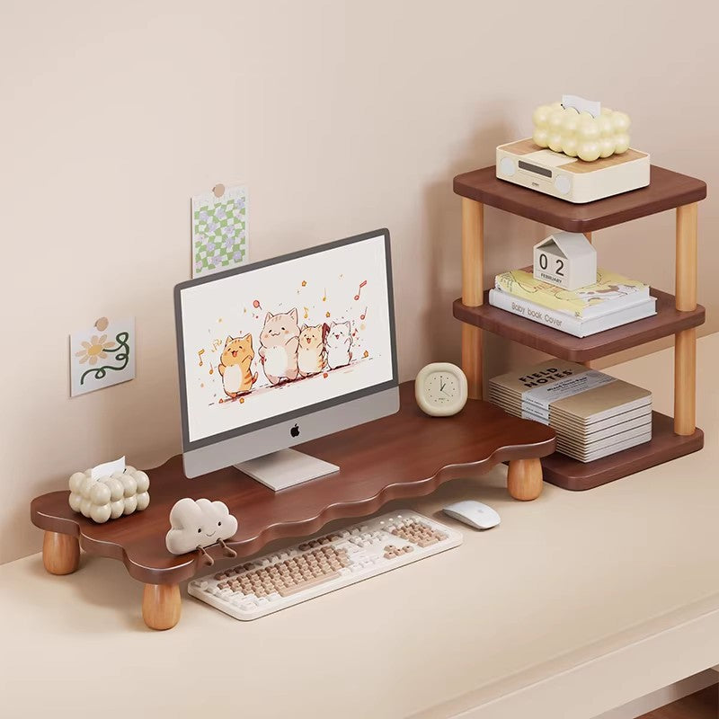 Low-Profile Ergonomic Wooden Desktop Monitor Lift with Under-Shelf Keyboard Storage